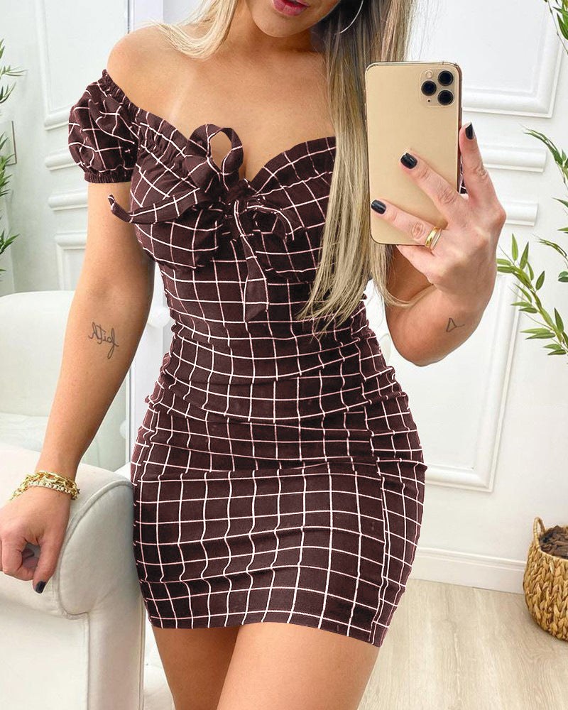 Eudora | Women's Ruffle Detail Bodycon Plaid Mini Dress in Wine Red
