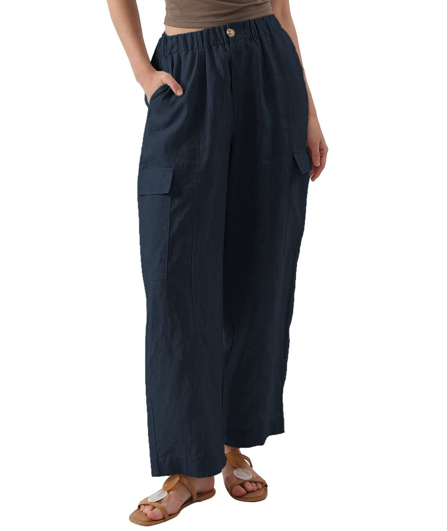 Eugenie | Women's Elastic Waist Pockets Casual Pants – Dress Pants in Dark Blue