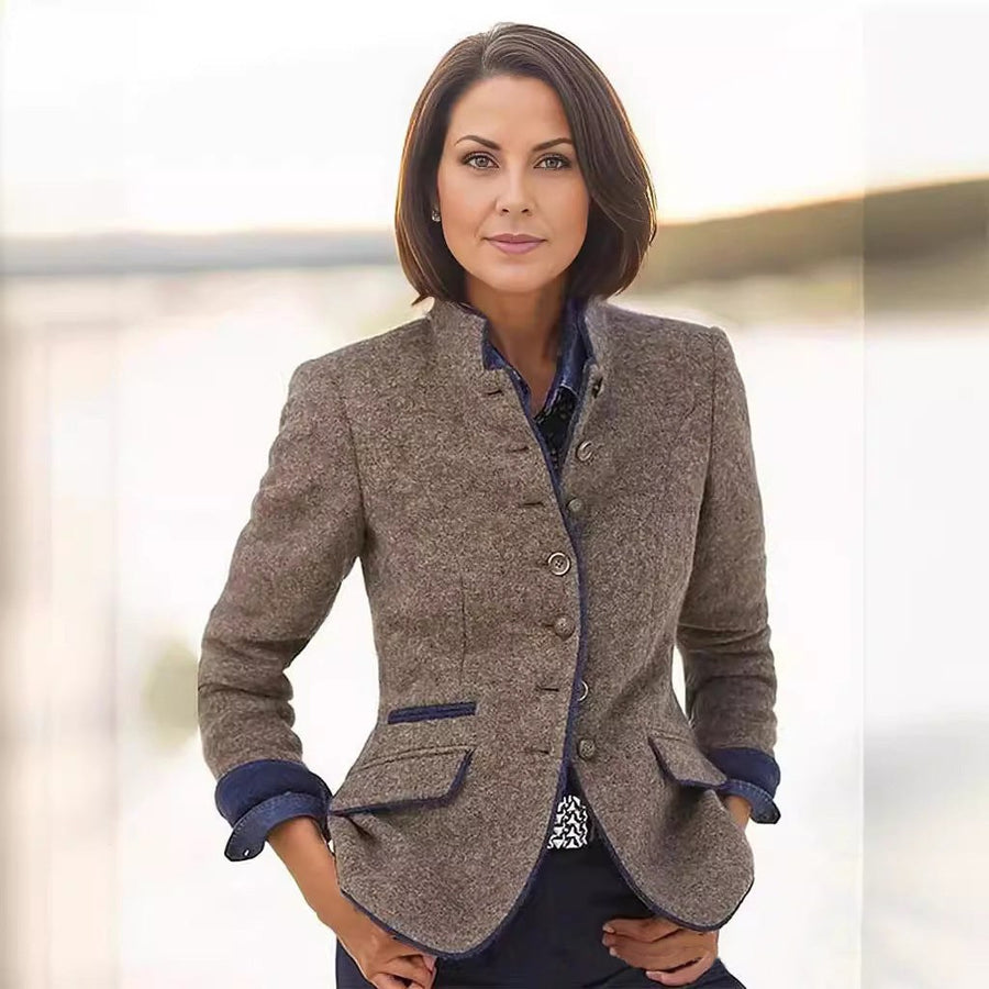 Eulalia | Women's Stand Collar Pockets Elegant Blazer in Brown