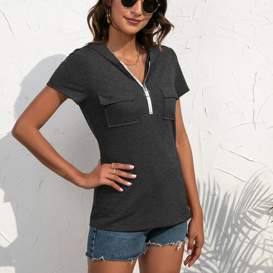 Euphrasia | Women's Zip Short Sleeve Pockets Top