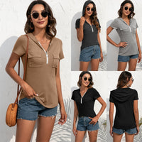 Euphrasia | Women's Zip Short Sleeve Pockets Top