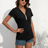Euphrasia | Women's Zip Short Sleeve Pockets Top in Black