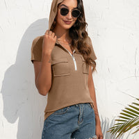 Euphrasia | Women's Zip Short Sleeve Pockets Top in Khaki