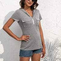 Euphrasia | Women's Zip Short Sleeve Pockets Top in Light Gray