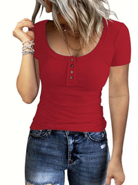 Eustacia | Women's Button-Front Short Sleeve Top in Red