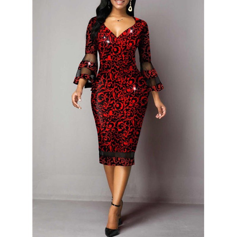 Eva | Women's Floral Elegant Sheath Dress in Red