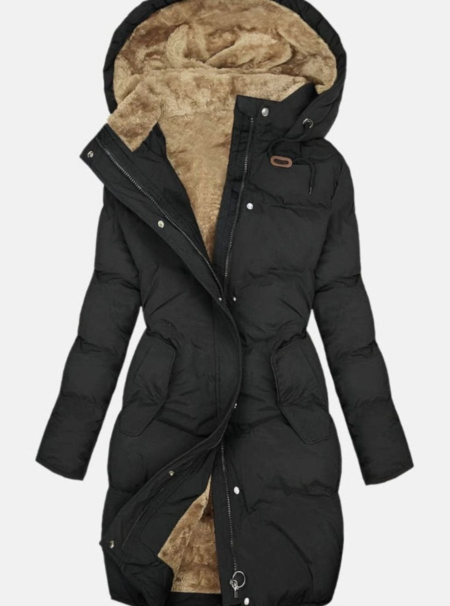 Evelyn | Women's Long Quilted Hooded Fleece-Lined Winter Coat in Black