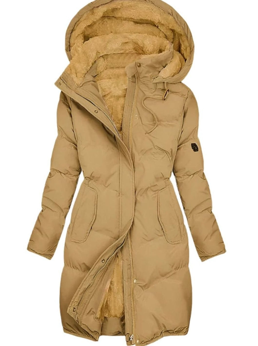 Evelyn | Women's Long Quilted Hooded Fleece-Lined Winter Coat in Yellow