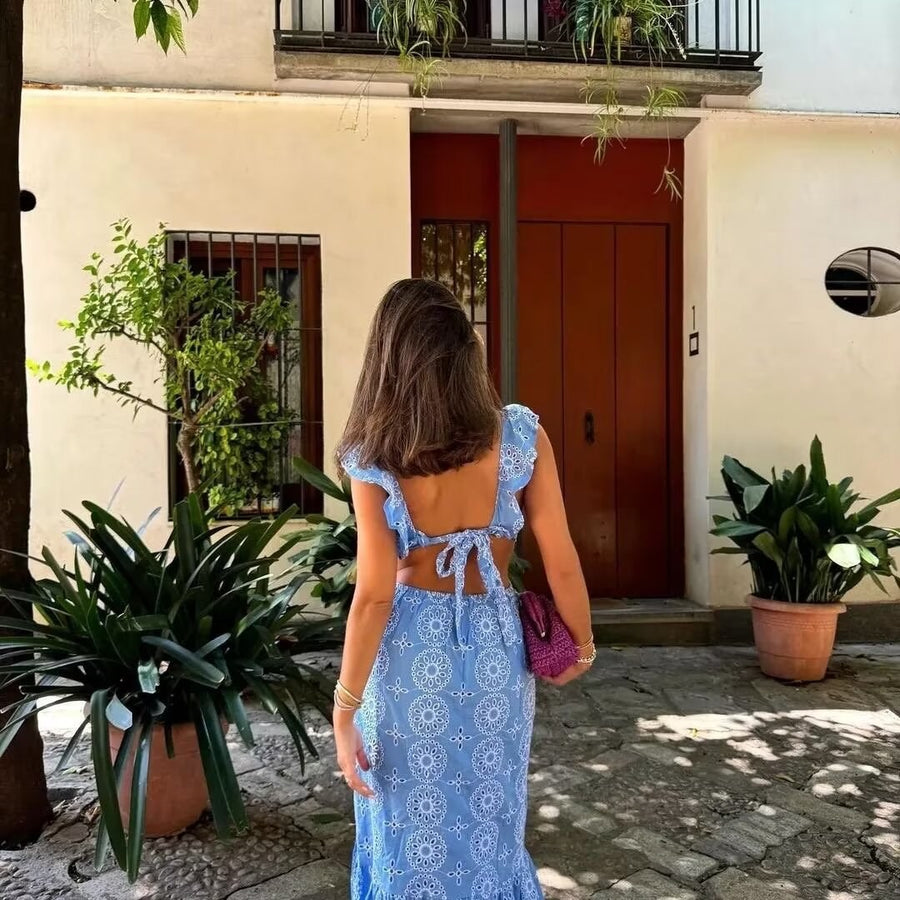 Everild | Women's Ruffle Detail Floral Maxi Dress in Blue