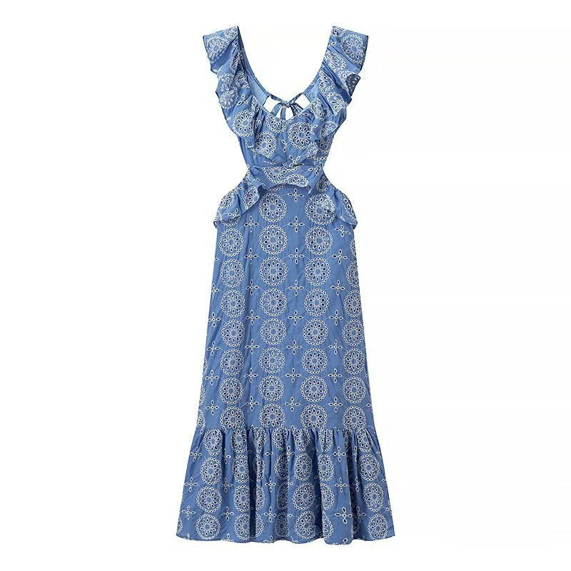 Everild | Women's Ruffle Detail Floral Maxi Dress in Blue