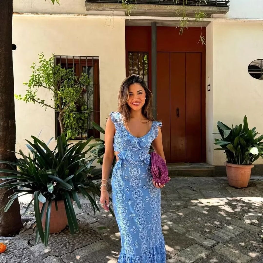 Everild | Women's Ruffle Detail Floral Maxi Dress in Blue