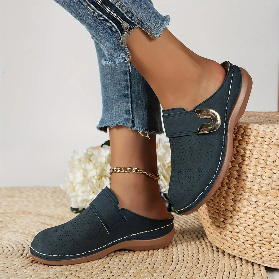 Fabrizia | Women's Perforated Slip-On Wedge Sandals in Navy Blue