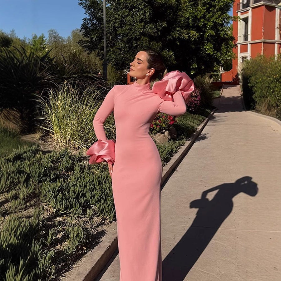 Fabrizia | Women's Stand Collar Ruffle Elegant Maxi Dress in Pink