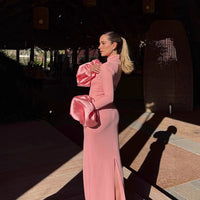 Fabrizia | Women's Stand Collar Ruffle Elegant Maxi Dress in Pink