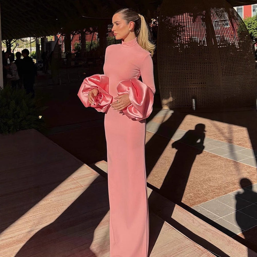 Fabrizia | Women's Stand Collar Ruffle Elegant Maxi Dress in Pink