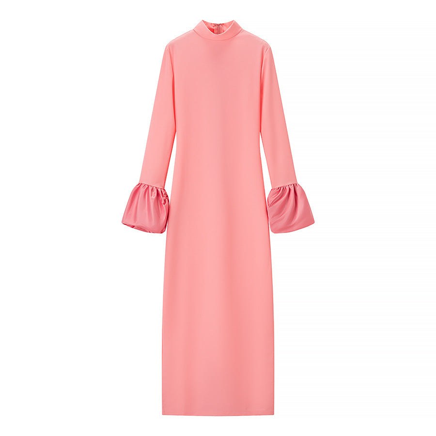 Fabrizia | Women's Stand Collar Ruffle Elegant Maxi Dress in Pink