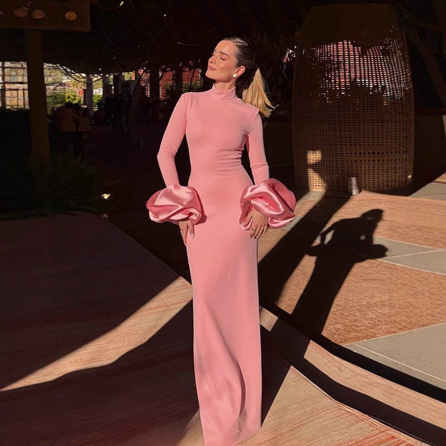 Fabrizia | Women's Stand Collar Ruffle Elegant Maxi Dress in Pink