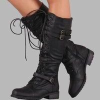 Faith | Women's Knee-High Lace-Up Buckle Strap Combat Boots in Black