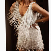 Fallon | Women's A-Line Sequin Fringe Sleeveless Cocktail Dress in Silver
