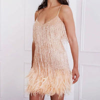 Faye | Women's Sequin Fringe Feather Trim Spaghetti Strap Cocktail Dress in Beige