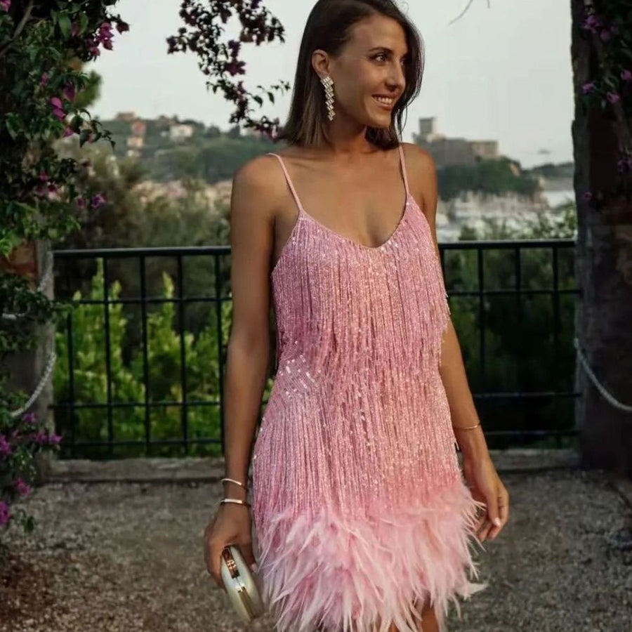 Faye | Women's Sequin Fringe Feather Trim Spaghetti Strap Cocktail Dress in Light Pink