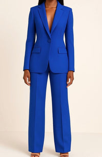 Felicity | Women's Tailored Single-Button Blazer Wide-Leg Pants Suit Set in Blue