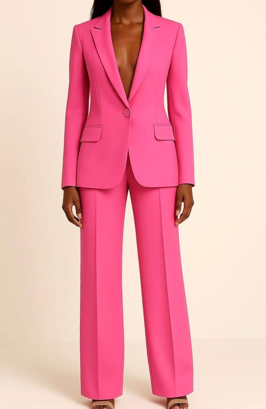 Felicity | Women's Tailored Single-Button Blazer Wide-Leg Pants Suit Set in Pink