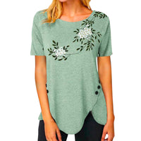 Fenella | Women's Asymmetric Floral Casual T-Shirt in Blatt Green