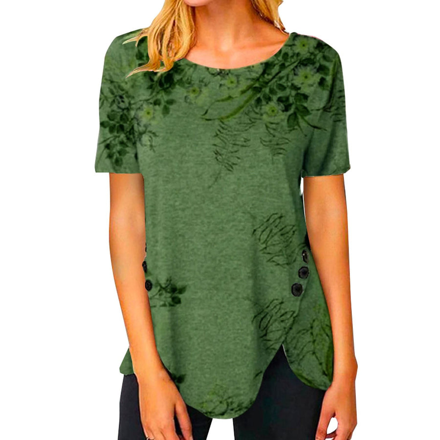 Fenella | Women's Asymmetric Floral Casual T-Shirt in Green