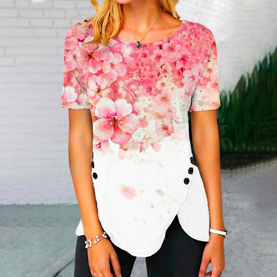 Fenella | Women's Asymmetric Floral Casual T-Shirt in White