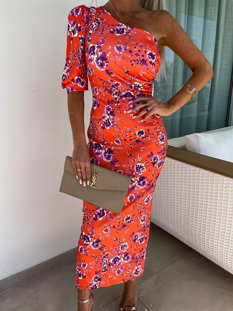 Fenella | Women's Ruffle Detail Asymmetric Elegant Maxi Dress in Orange