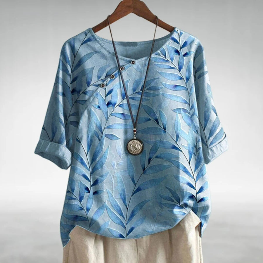 Fenella | Women's Printed Asymmetric Button Blouse in Blue