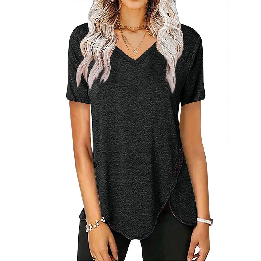Fern | Women's Button Detail Asymmetric V-Neck Casual T-Shirt in Black