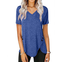 Fern | Women's Button Detail Asymmetric V-Neck Casual T-Shirt in Blue