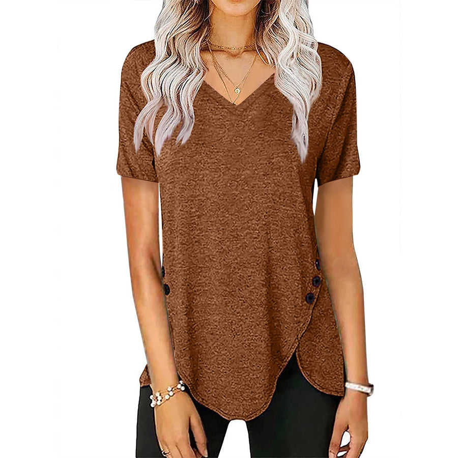 Fern | Women's Button Detail Asymmetric V-Neck Casual T-Shirt in Brown