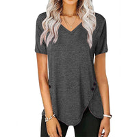 Fern | Women's Button Detail Asymmetric V-Neck Casual T-Shirt in Gray