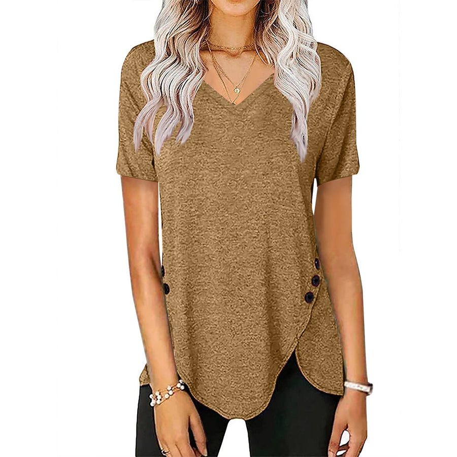 Fern | Women's Button Detail Asymmetric V-Neck Casual T-Shirt in Khaki