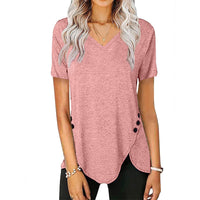 Fern | Women's Button Detail Asymmetric V-Neck Casual T-Shirt in Pink