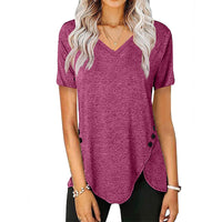 Fern | Women's Button Detail Asymmetric V-Neck Casual T-Shirt in Purple