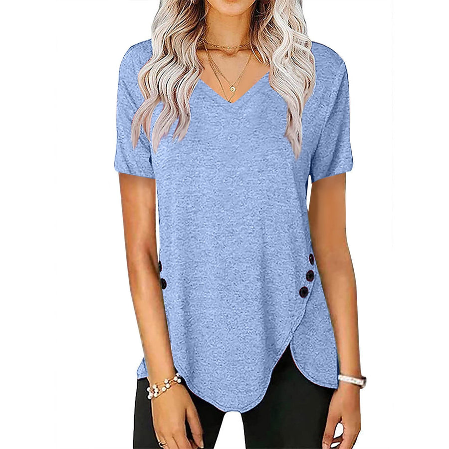 Fern | Women's Button Detail Asymmetric V-Neck Casual T-Shirt in Sky Blue