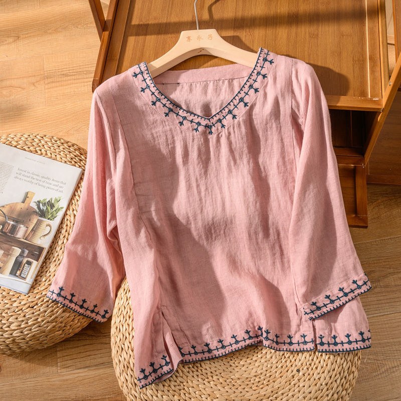 Fern | Women's Embroidered V-Neck Blouse in Pink