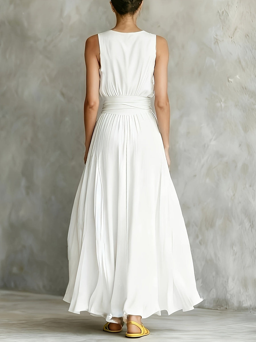 Fiammeta | Women's Sleeveless Belted A-Line White Maxi Dress