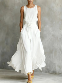 Fiammeta | Women's Sleeveless Belted A-Line White Maxi Dress