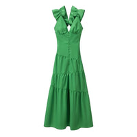 Fiammeta | Women's V-Neck Ruffle Elegant Maxi Dress in Green