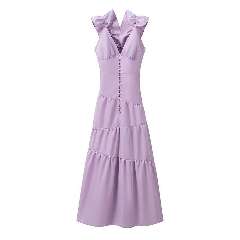 Fiammeta | Women's V-Neck Ruffle Elegant Maxi Dress in Light Purple