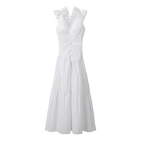 Fiammeta | Women's V-Neck Ruffle Elegant Maxi Dress in White