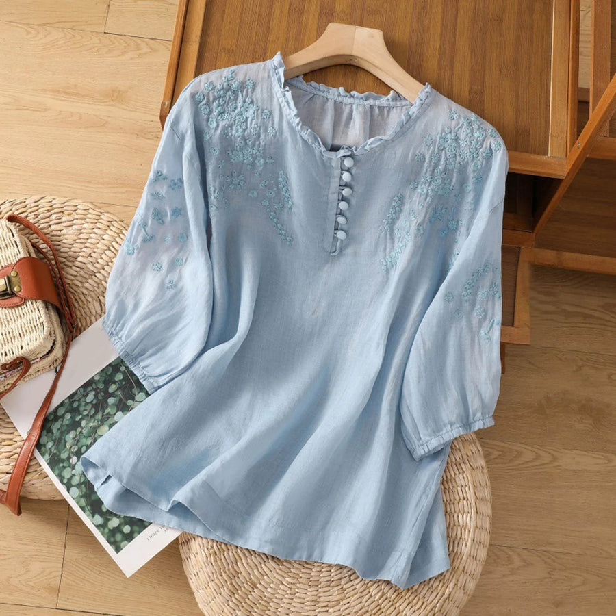 Fiammetta | Women's Button-Front Embroidered Blouse in Light Blue