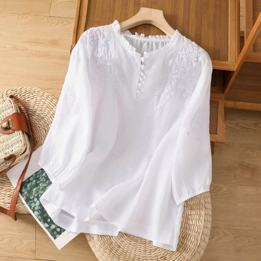Fiammetta | Women's Button-Front Embroidered Blouse in White