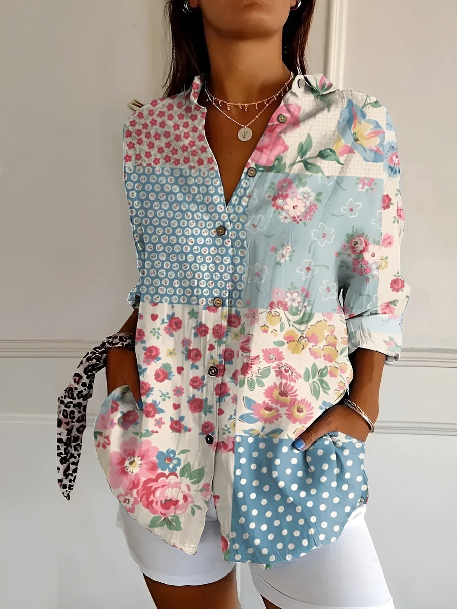 Fidelia | Women's Button-Front with Prints Blouse in Light Blue