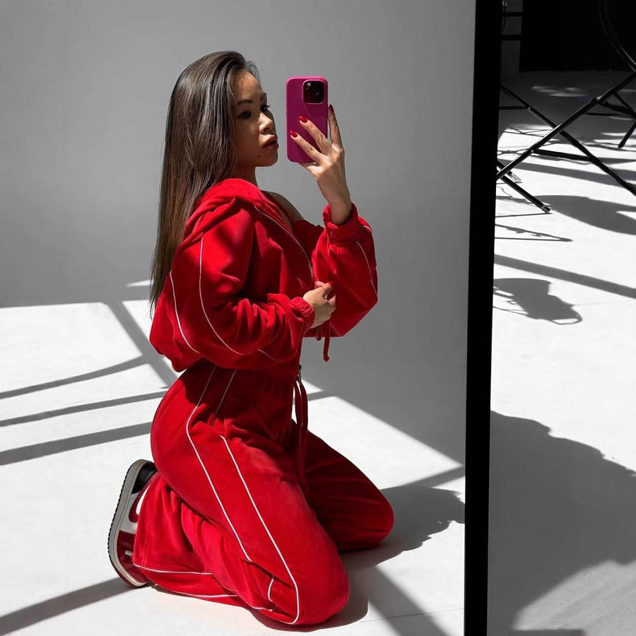 Fidelia | Women's Hooded Fleece Jumpsuit in Red